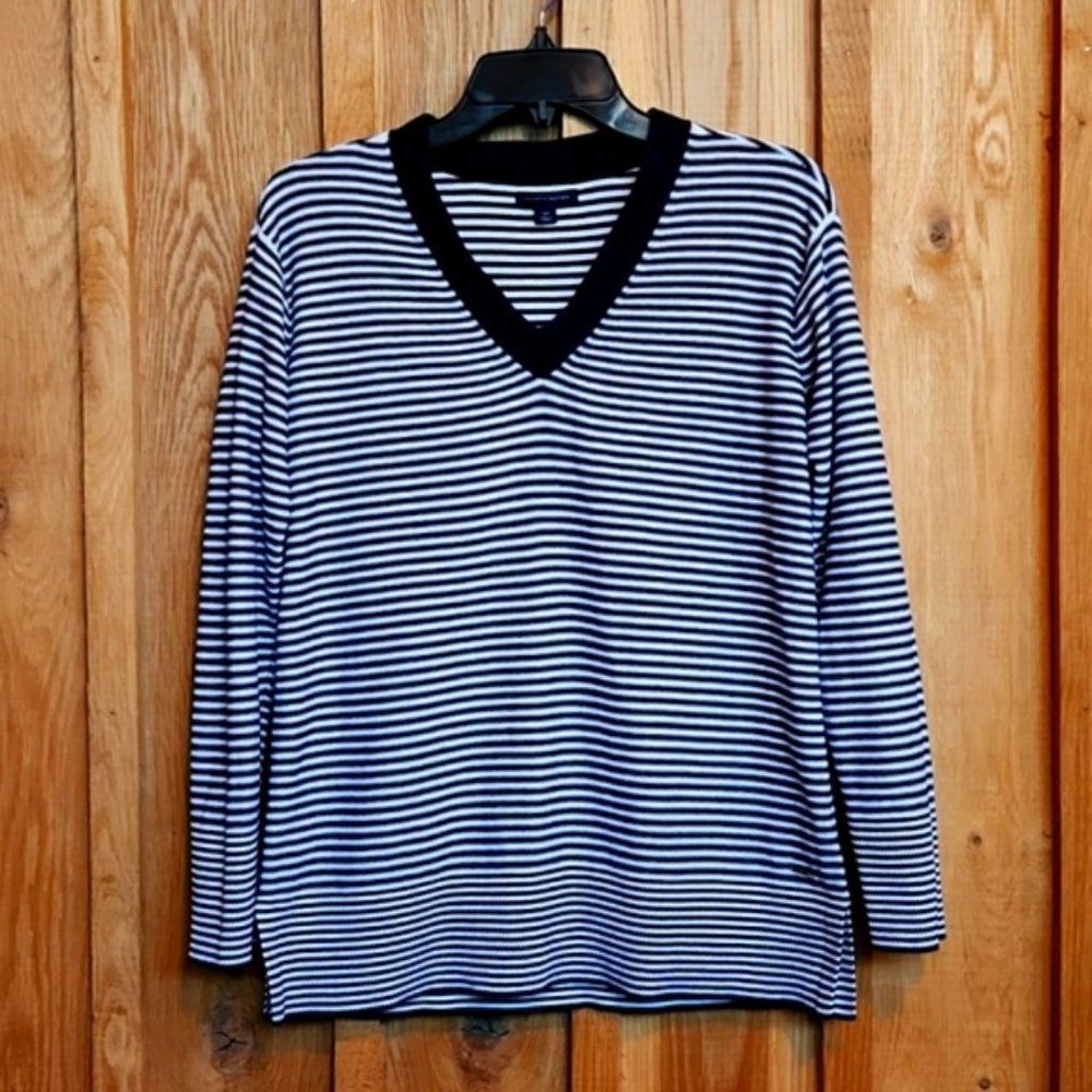 Tommy Hilfiger V-Neck Cotton Preppy Nautical Sweater, Small Blue & White Stripes